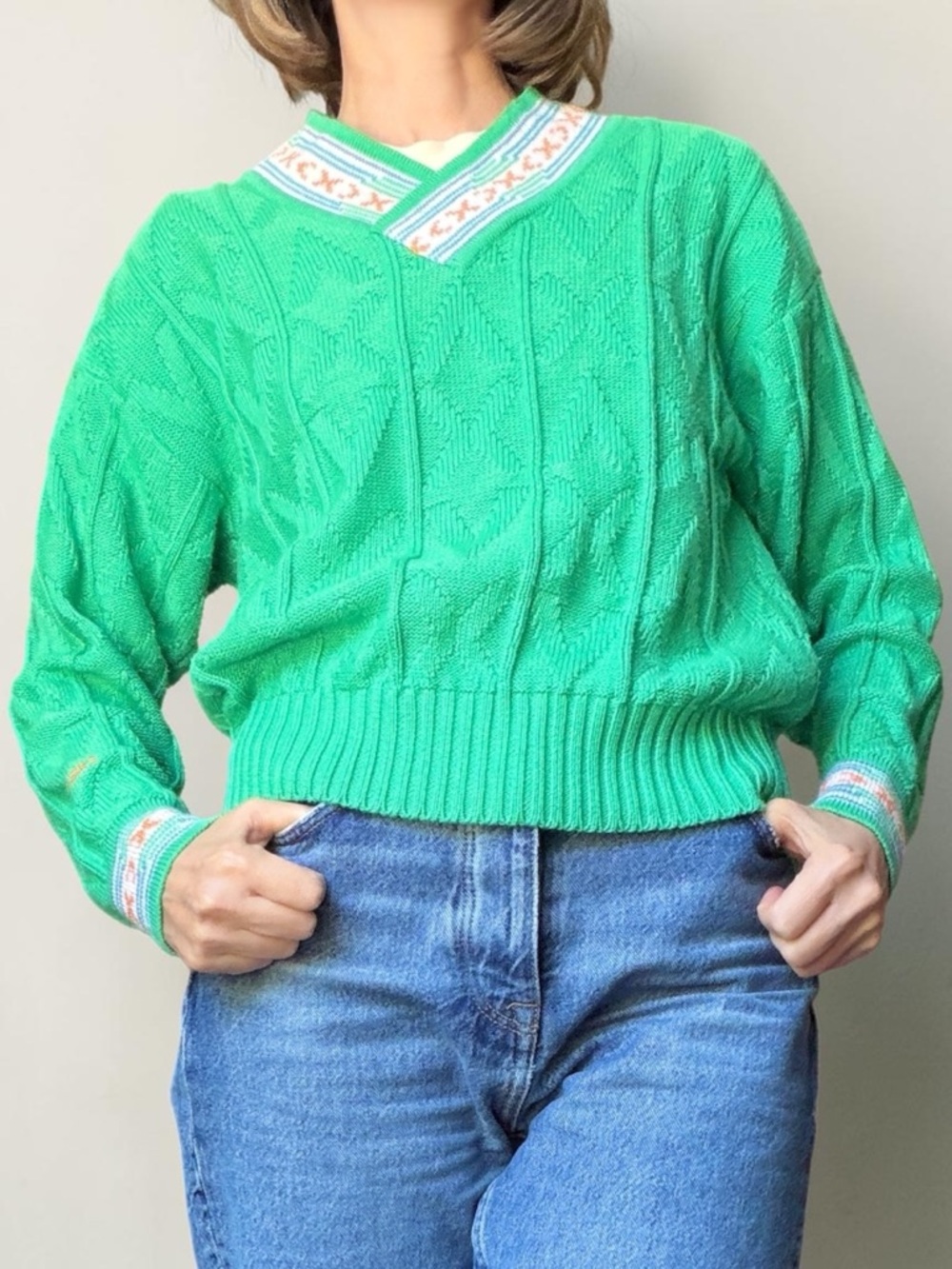 Vintage Head Cableknit Green V-neck Sweater S 90s Preppy Retro Tenniscore